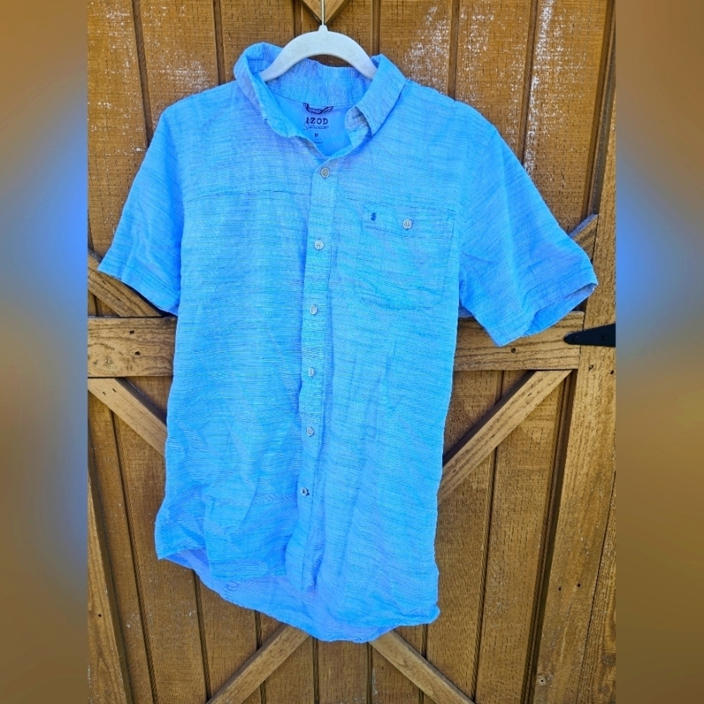 IZOD SALTWATER SHORT SLEEVE DOCKSIDE BUTTON DOWN CHAMBRAY SHIRT Sz M - Picture 1 of 3